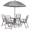 6 Piece Patio Dining Set for 4 with Umbrella, with 4 Folding Dining Chairs & Round Glass Table for Garden, Gray