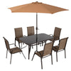 8 Pieces Patio Furniture Set with 9Ft Patio Umbrella, Outdoor Dining Table and Chairs, Light Mixed Brown