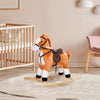 Kids Plush Toy Rocking Horse, Wooden Ride-on Chair, Plush Animal Rocker with Realistic Sounds and Moving Tail for Toddlers, Brown