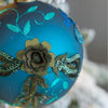 Holiday Party Glass Ornaments, Set of 4 Hanging Balls with Floral Design, Blue