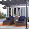 5-Piece PE Rattan Patio Chair Set, Outdoor Conversation Set with Wood Grain Plastic Top Coffee Table, Two Pillows, Blue