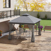 10' x 11.5' Metal Patio Gazebo, Double Roof Outdoor Gazebo Canopy Shelter w/Tree Motifs Corner Frame and Netting, Gray