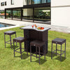 5 Pcs Rattan Wicker Bar Set with Glass Top Table, 2 Tier Storage Shelf and 4 Bar Stools for Outdoor, Patio, Garden & Poolside, Brown