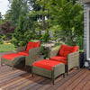 5 Pieces Rattan Wicker Lounge Chair Outdoor Patio Conversation Set with 2 Cushioned Chairs, 2 Ottomans & Tempered Glass Top Coffee Table, Red