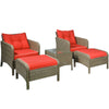 5 Pieces Rattan Wicker Lounge Chair Outdoor Patio Conversation Set with 2 Cushioned Chairs, 2 Ottomans & Tempered Glass Top Coffee Table, Red