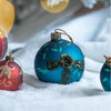 Holiday Party Glass Ornaments, Set of 4 Hanging Balls with Floral Design, Blue