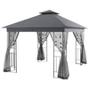 10' x 11.5' Metal Patio Gazebo, Double Roof Outdoor Gazebo Canopy Shelter w/Tree Motifs Corner Frame and Netting, Gray