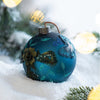 Holiday Party Glass Ornaments, Set of 4 Hanging Balls with Floral Design, Blue