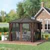 10x10 Hardtop Gazebo with Aluminum Frame, Permanent Metal Roof Gazebo Canopy with Curtains and Netting for Backyard, Dark Brown