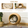 Wicker Cat Bed Elevated Rattan Kitten Basket Pet Den. House Cozy Cave with Soft Cushion Light Brown