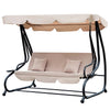 3 Seat Outdoor Free Standing Swing Bench Porch Swing with Stand, Comfortable Cushioned Fabric & Included Canopy, Light Brown