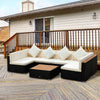 7 Pieces Outdoor Wicker Sofa Set, PE Rattan Sectional Furniture Patio Couch w/ Acacia Top Coffee Table & Cushion for Garden, Backyard, Beige