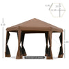 13' x 13' Heavy Duty Pop Up Canopy with Hexagonal Shape, 6 Mesh Sidewall Netting, 3-Level Adjustable Height and Strong Steel Frame, Brown